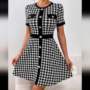 Elegant Black and White Houndstooth Midi Dress